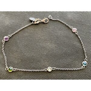 925 Sterling Silver 9" Ankle Bracelet Multi Color Stones Estate Jewelry